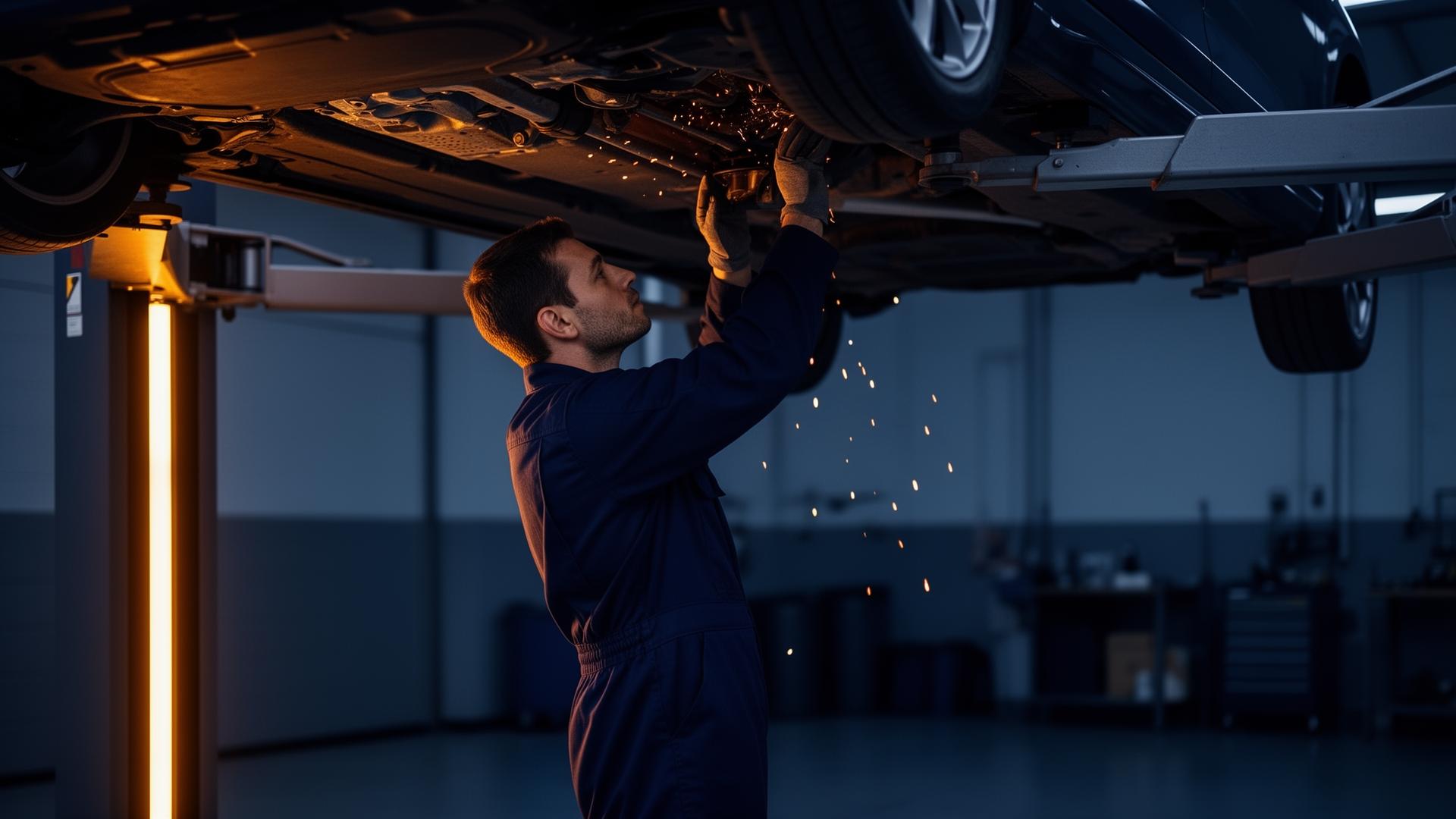 A mechanic working under a car on a lift in a modern garage